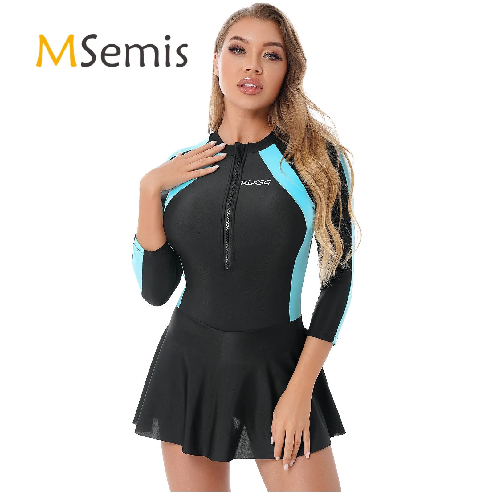 Womens Swimsuit Swimwear Long Sleeve Front Zipper Removable Bust Pads Patchwork One-piece Swimming Dress with Attached Underwear