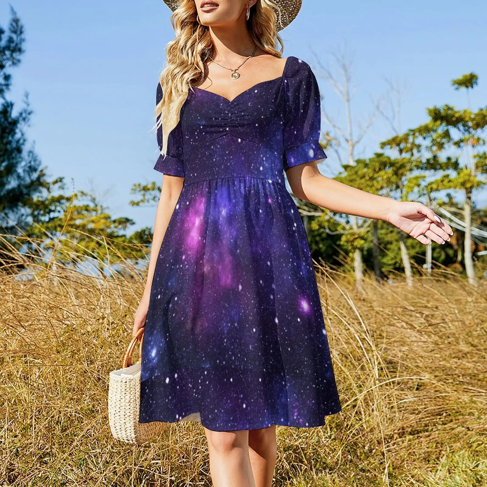 Roxo galáxia nebulosa estrelas vestido de manga curta feminino vestido longo roupas de verão feminino 2025