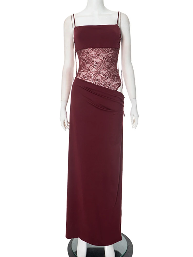 TARUXY Lace Splice Spaghetti Strap Dress Women's Lace Up Waist Hollow Sexy Slim Long Dress Summer Beach Party Sleeveless Dress - Image 3