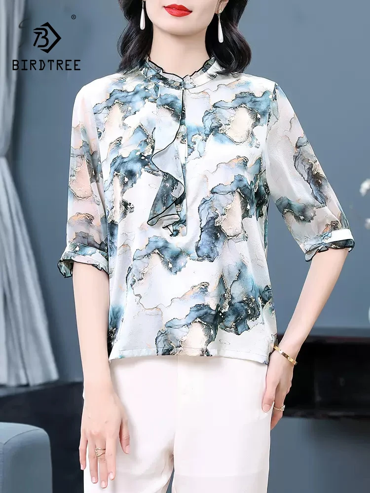 

BirdTree 91.8%Real Silk Elegant Shirt For Women, Half Sleeve Stand Printed, Fashion Temperament Blouse, 2024 Spring New T42307QC