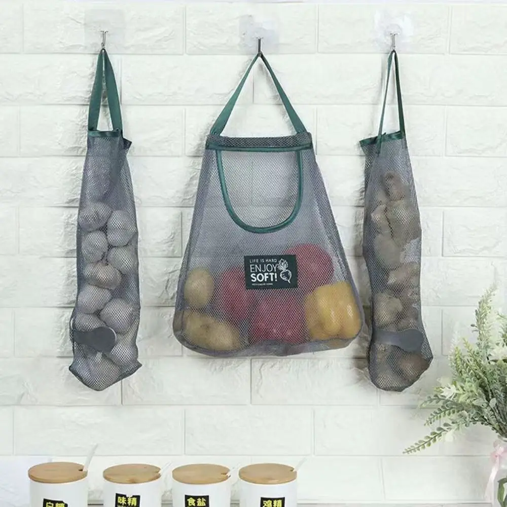 New Reusable Kitchen Hanging Mesh Bag Wall Mounted Polyester Fruit Vegetable Storage Net Bag Large Capacity Net Pocket