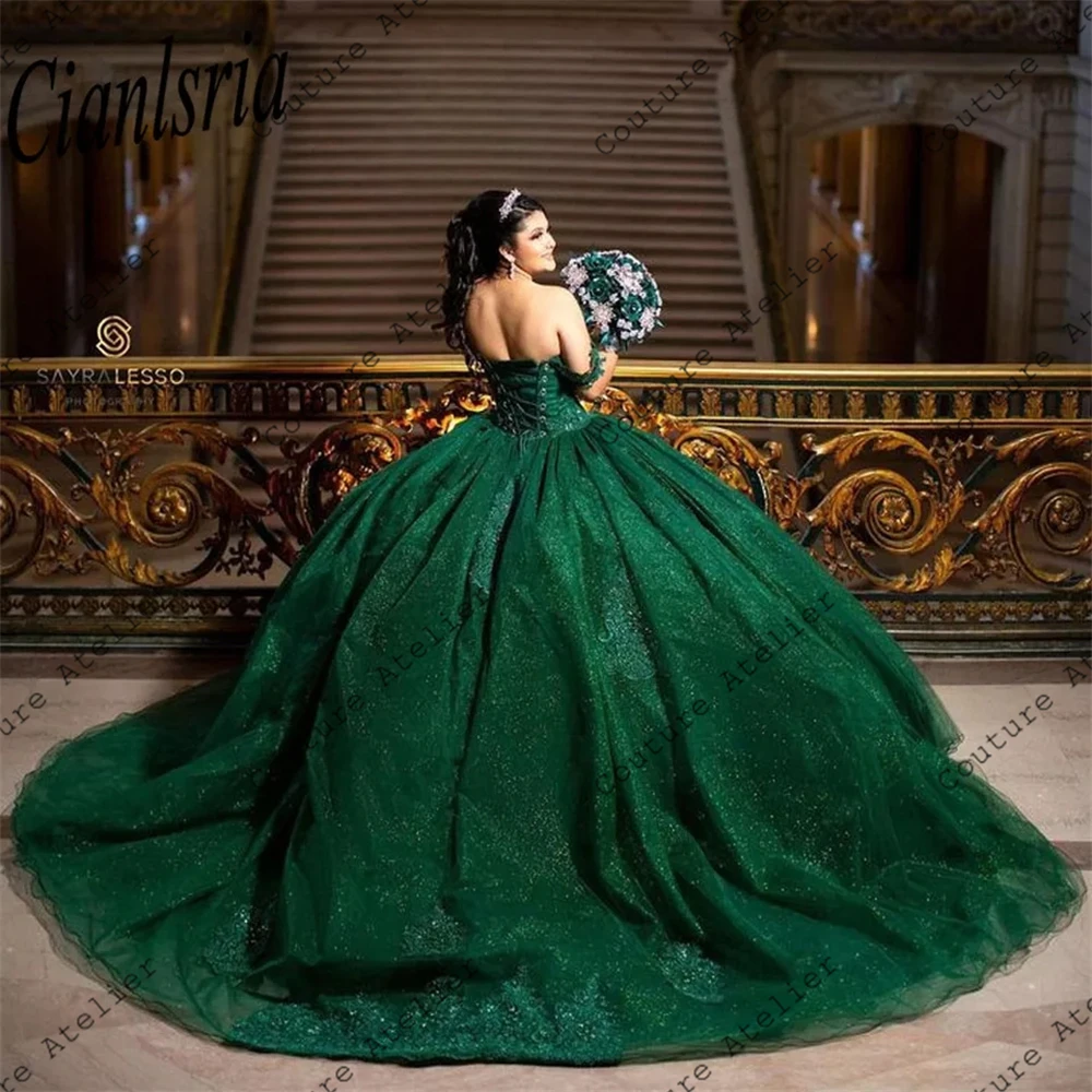 Green Sparkly Quinceanera Dresses Ball Gown Birthday Gown Off The Shoulder Lace-Up Sweet 16 Dresses vestidos de 15 Customized