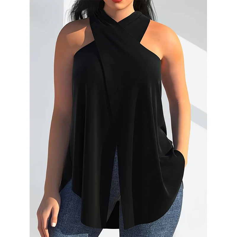 T-shirt estiva sexy da donna taglie forti, nuova collezione, con scollo all'americana, vestibilità ampia e taglio irregolare, casual da spiaggia