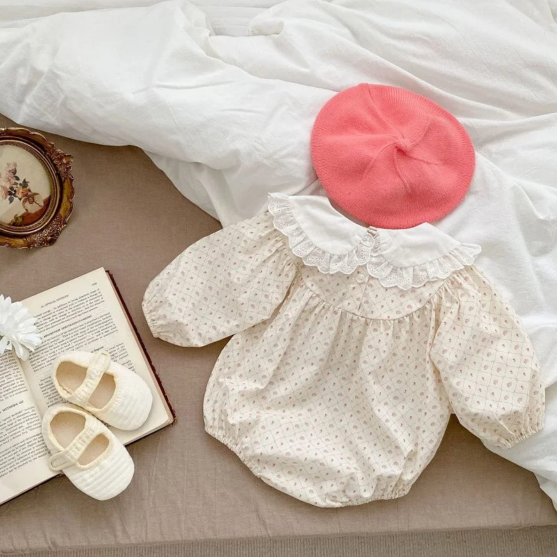 INS Baby Girl Romper 0-24Months Cute Newborn Princess Long Sleeve Lace Peter Pan Collar Flower Cotton Bodysuit Outfits Clothes