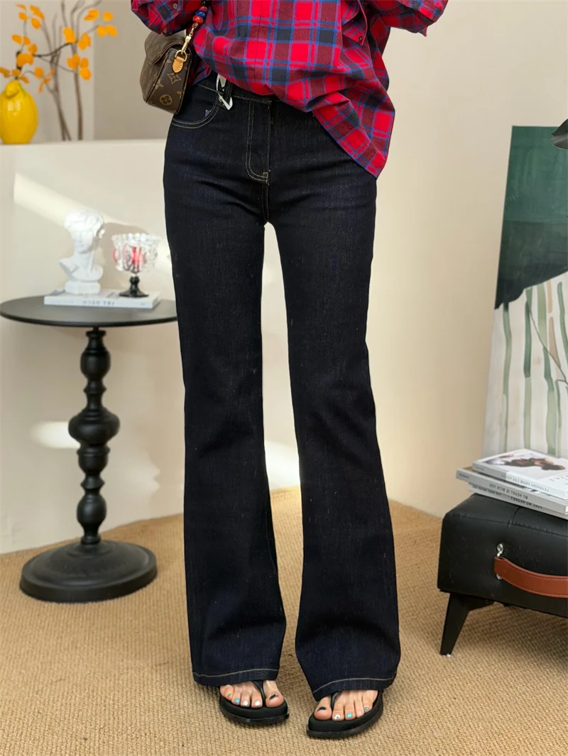 

High Waist Bell Bot Jeans Women's Soft Stretch Retro Sle Lengthening Effect Spring Season Pure Color Denim MS.SUUPEER