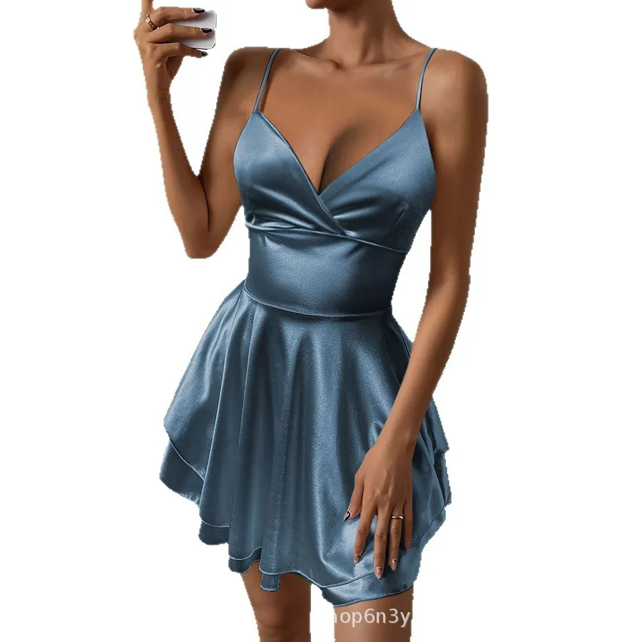 

Summer Woman Dress Spaghetti Strap Mini Solid Color Women's Casual Dresses V Neck Wrap Front Satin Slip Dress Blue Pleated