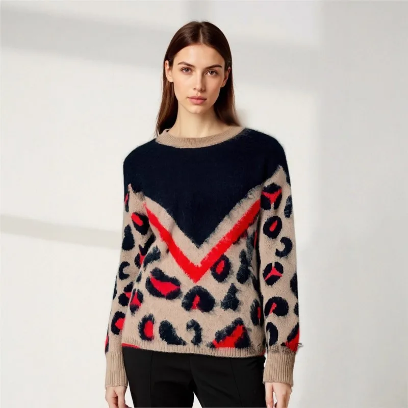 

Winter Fleece Printed Knitted Pullover Sweater Round Neck Leopard Print Loose Cable Knit Elegant Office Warm Sweater For Women