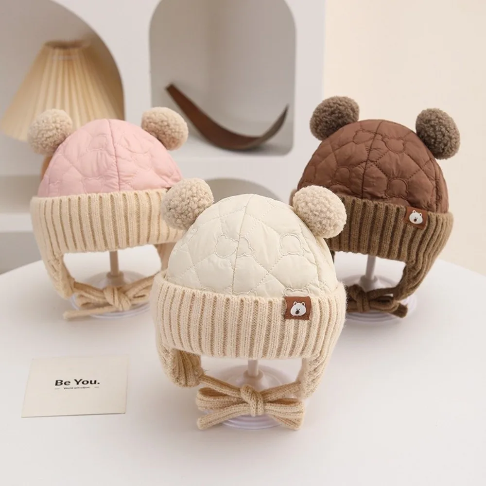 

Warm Fleece Baby Ear Protection Hat Thickened Material Bear Ear Style Infant Hat Knitted Design Tie Closure Toddler Hat