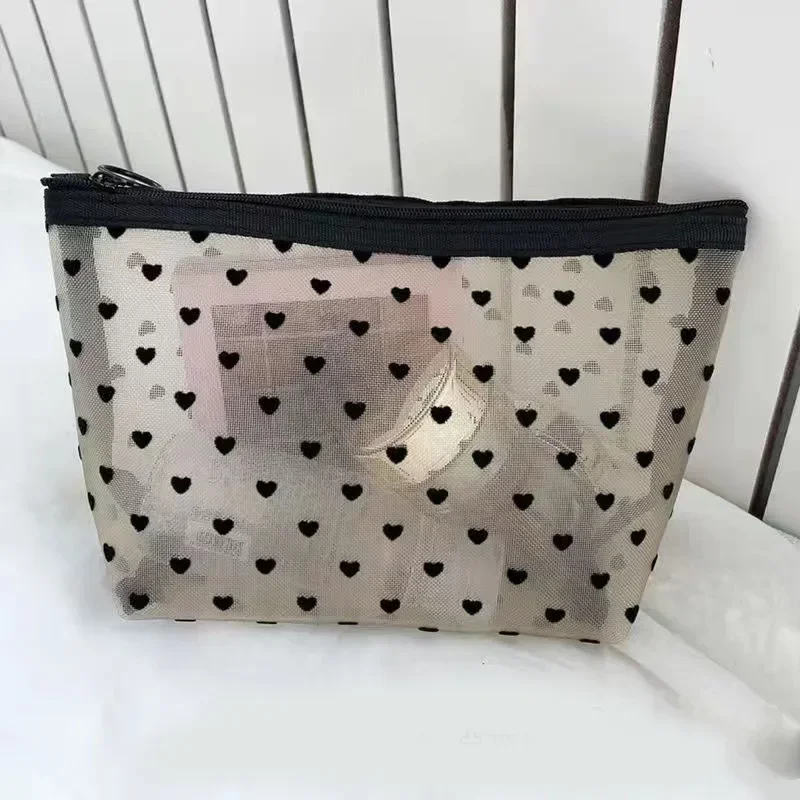 Tavel-Bolsa de almacenamiento de cosméticos para mujer, bolsa de maquillaje de malla transparente con forma de corazón, organizador de cepillos y