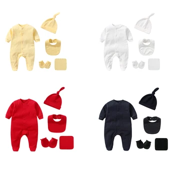 Ensemble pour nouveau-né garçon et fille, 100% coton, manches longues, couleur unie, barboteuse, chapeau, bavoir, produits pour nourrissons de 0 à 3 mois