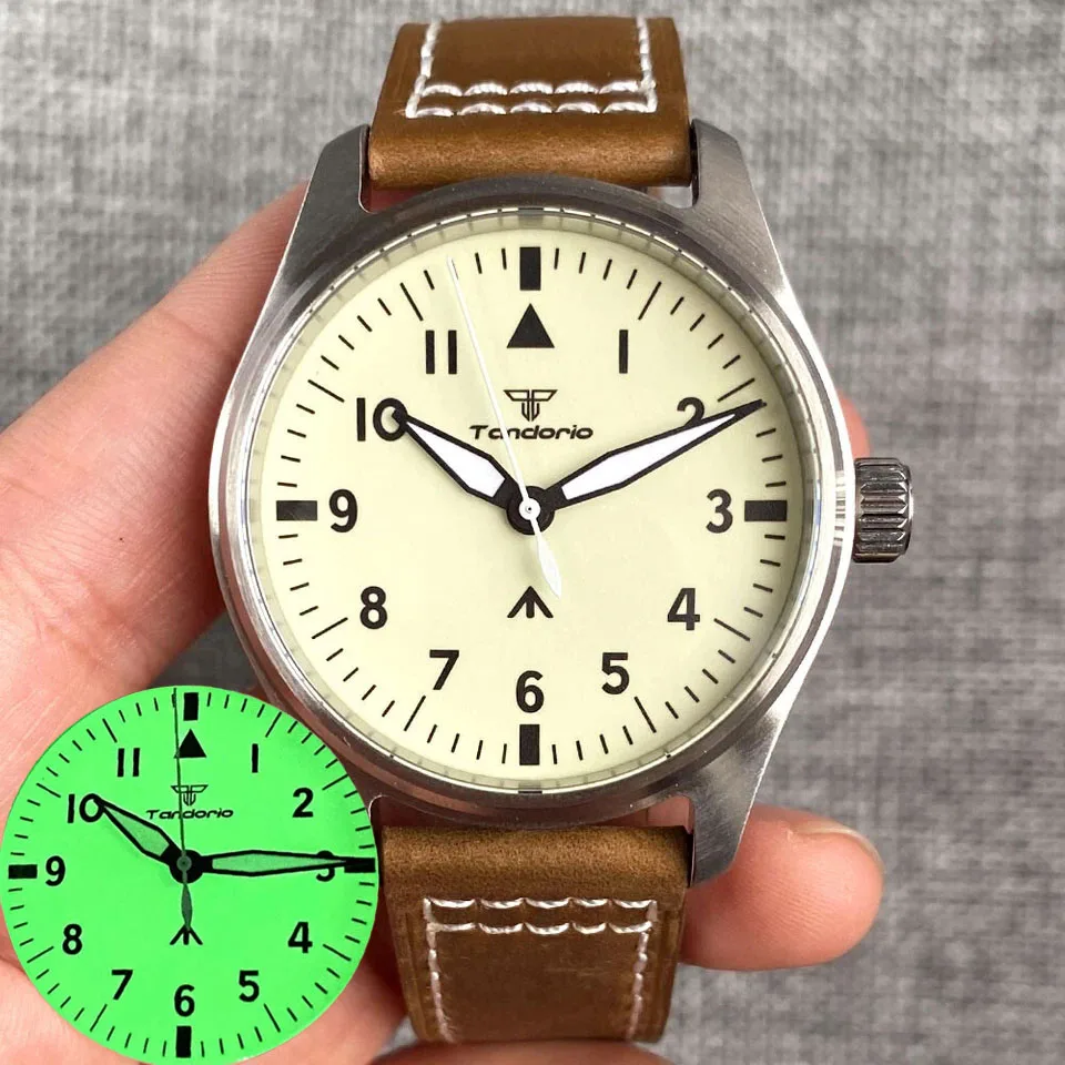 

Кремово-желтые часы Tandorio 39 мм Pilot Watch с сапфировым стеклом, водонепроницаемостью 20 BAR, механизмом NH35 Asia2824, автоматические мужские механические часы с полной подсветкой.