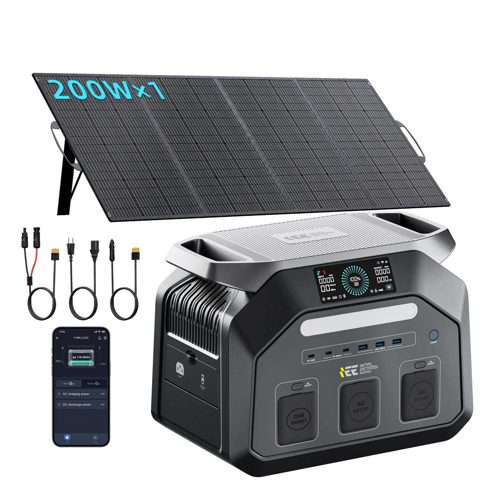 1800W Tragbare Ladestation 220V 1024Wh Outdoor-Stromversorgung Unterstützt Solarladung mit 1 Stück 200W Faltbarem Solarpanel für Haushaltsenergie