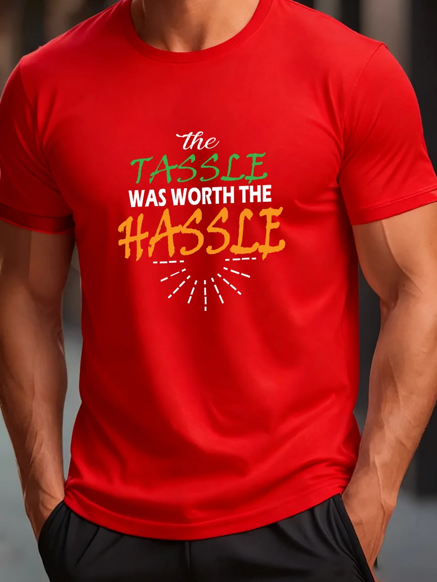 تي شيرت برتقالي بأكمام قصيرة مع طباعة جرافيك "The Tassle Was Worth The Hassle". #4