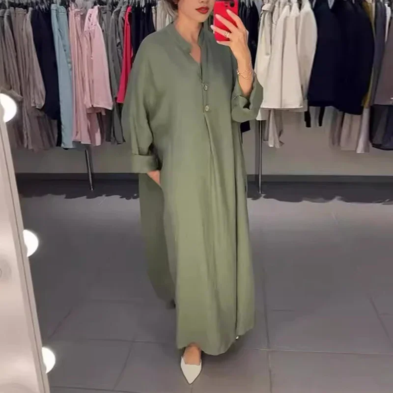 Spring Simple Casual Long Sleeve Loose Basic Dress Ladies Fashion Vestidos A-Line Long Party Dress Solid Color Muslim For Women