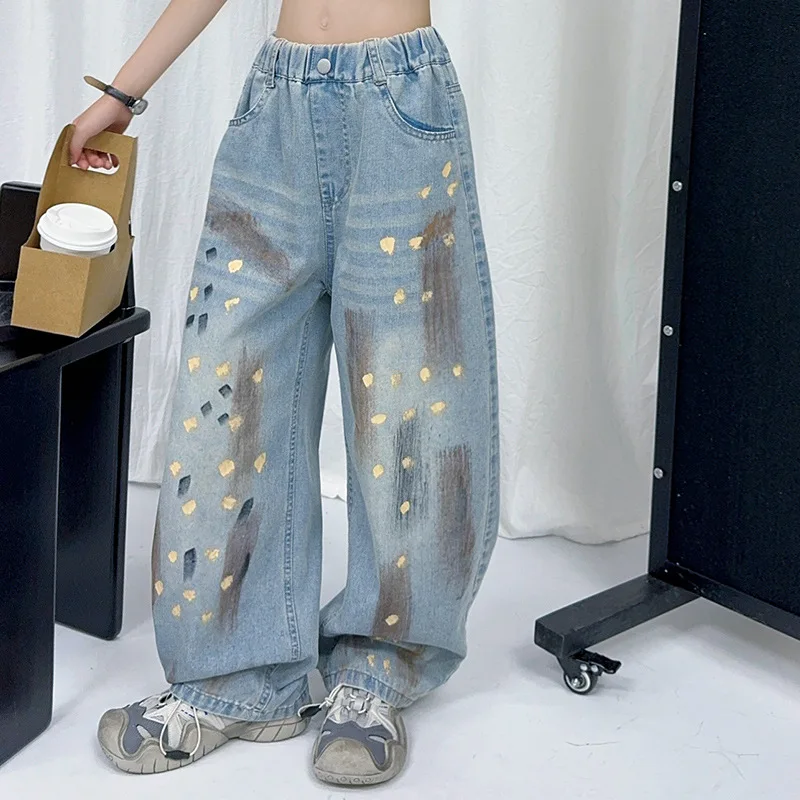 

Стильные детские свободные прямые мешковатые джинсы с принтом и рисунками для девочек-подростков, модные уличные джинсовые брюки, От 5 до 14 лет