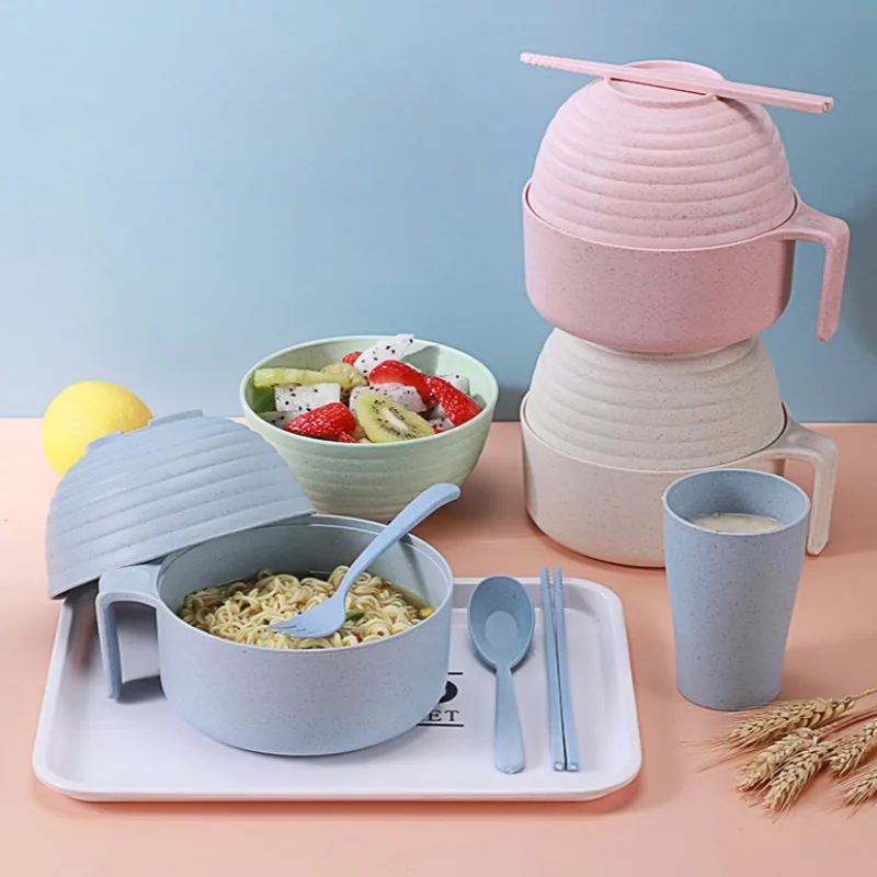 Juego de cuencos de Ramen de paja de trigo ecológicos, cuenco de fideos instantáneos para microondas para dormitorio de estudiantes, vajilla para el hogar con tapa, tazones para ensalada con asa
