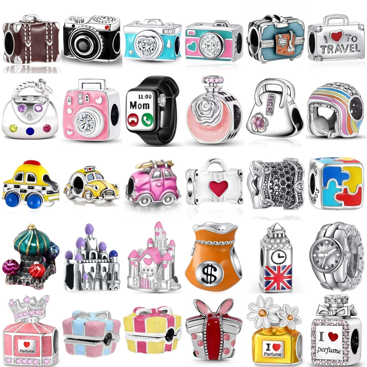 925 Sterling Silver Travel Fashion Charm Beads Camera Suitcase Perfume Handbag Car Castle Pendant Fit DIY Women Jewelry Gift