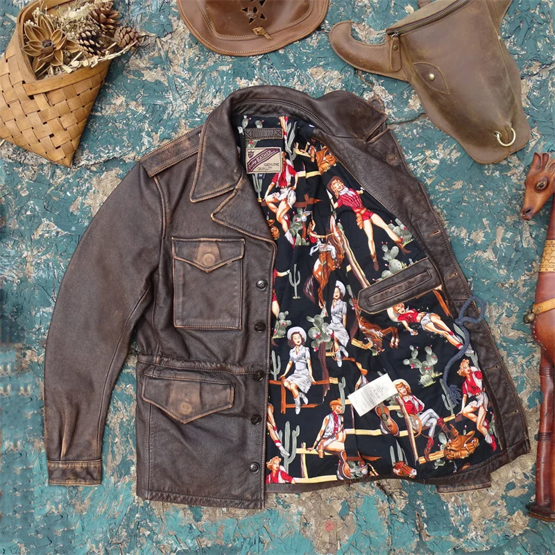 

Vintage American Sle Leather Jaet Top Layer Cowhide Tea Core Coloring Stone inding Old Head Windbreaker Sle Men's Clo...