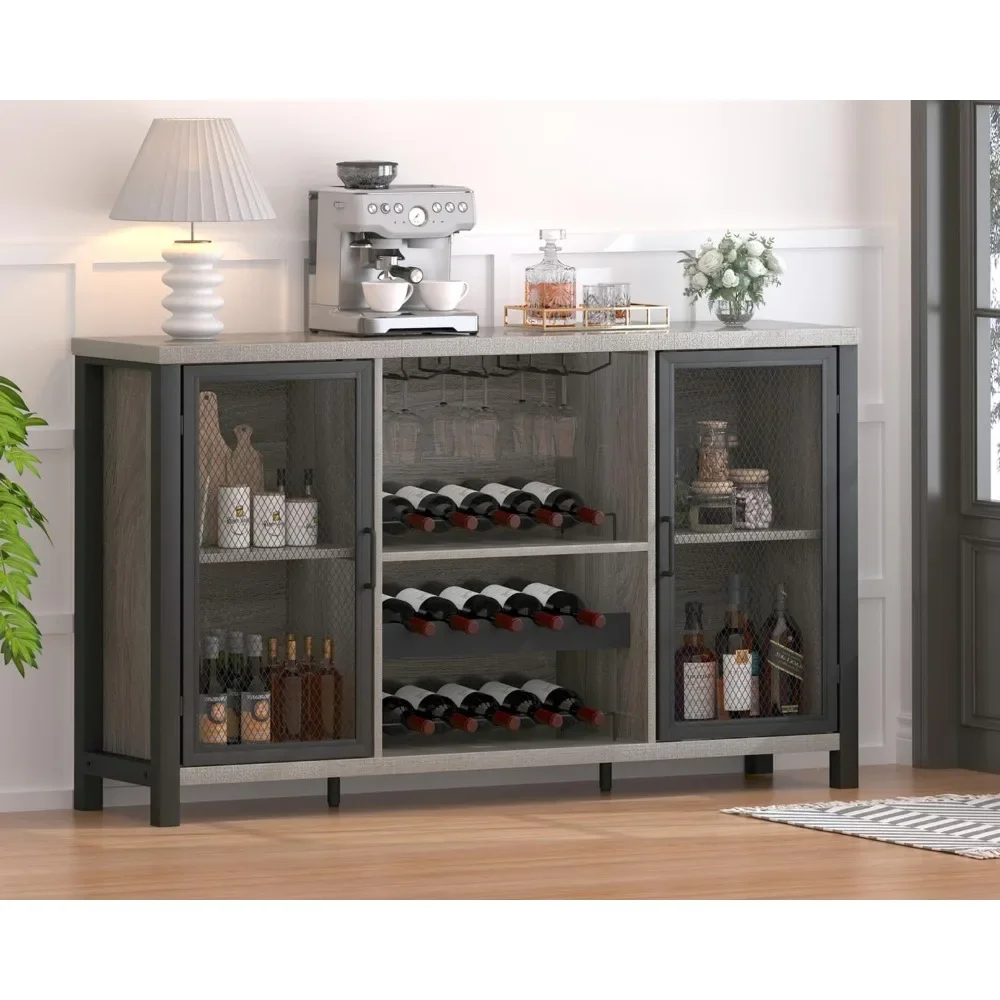 

Light gray oak 55 inch bar cabinet for holding drinks and glasses, living room side panel buffet cabinet with bar rack storage