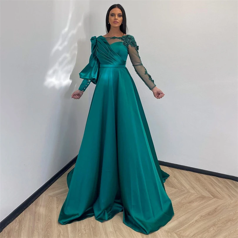 

Nersesyan Green Lace Appliques Formal Evening Dress Full Sleeves Satin Pleated A Line Prom Gowns Glitter Elegant Party Dresses