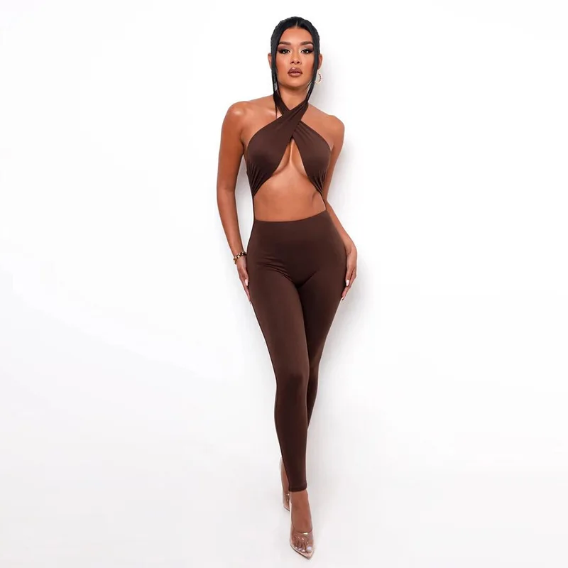 Women Jumpsuit Halter Sleeveless Hollow Out Backless Solid Color Bodycon Tight Hip Lifting Summer Bodysuit  Rompers