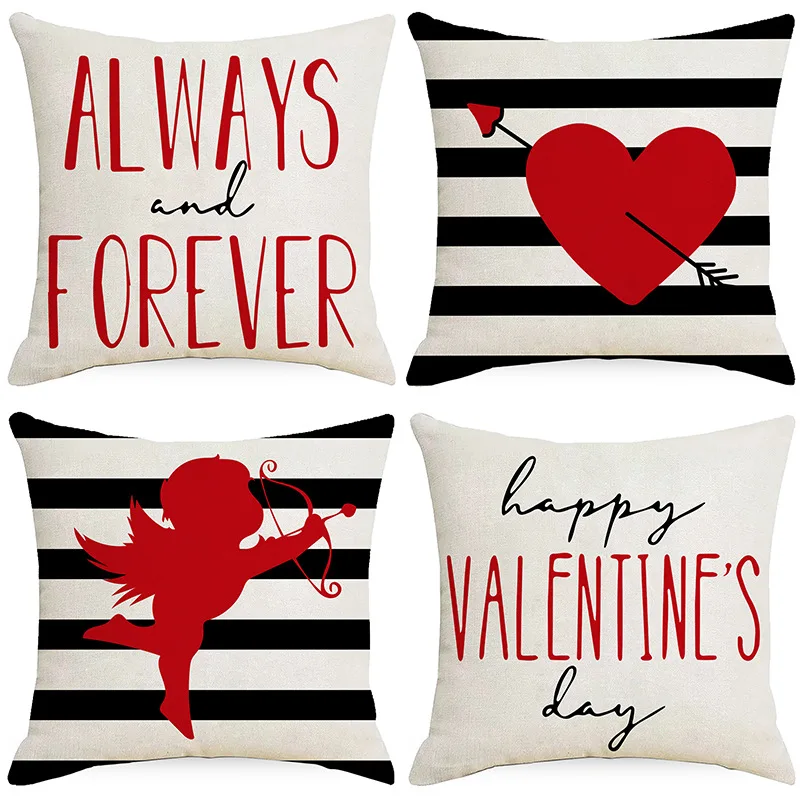 Nordic Valentine's Day Throw Pillow Cover Love Cupid Simple Letter Print Linen Sofa Cushion Pillow Cover