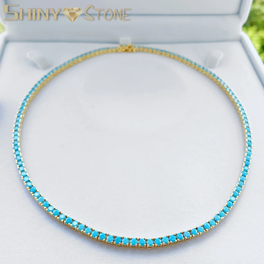 High Quality Simple 3mm Blue Stone Paved Tennis Chain Charm Turquoises Bracelets Bangle Fashion Jewelry for Women Girl