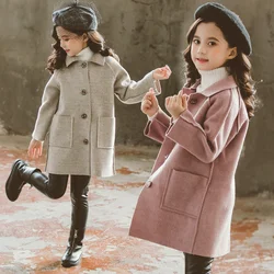 Winter Kids Wool Blend Coats Girls Warm Long Jackets Vintage Fashion Teen Reversible Tweed Outerwear Child 4-12 Years Old