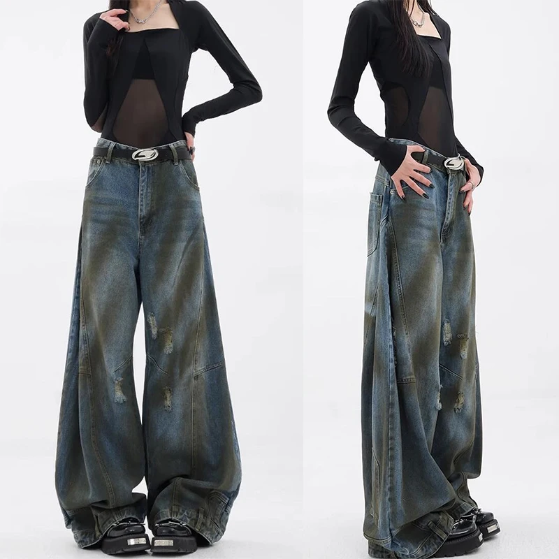 

Women American Retro High Waist Wide Leg Jeans Female Gothic Designer Ripped Denim Trousers Girls Oversize Blue Streetwear Pants