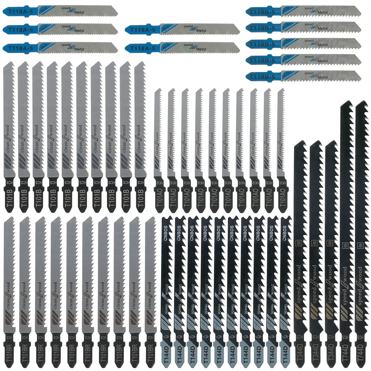 55Pcs Jig Saw Blade Set HCS Assorted Saw Blades with T-shank Sharp Fast Cut Down Jigsaw Blades Woodworking Blades Hand Tool