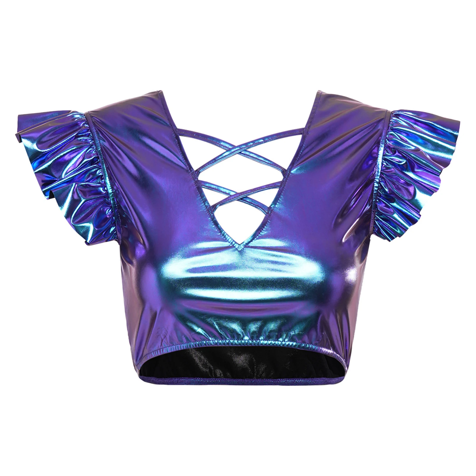

Womens Jazz Dance Metallic Shiny Crop Top Strappy V-shaped Cutout Ruffled Fly Sleeve Pullover Top Iridescent Disco Dance Top