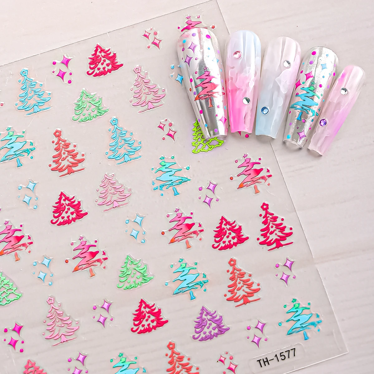 Autocollant 3D coloré pour Nail Art, 2 pièces, étoiles d'arbre de noël, décalcomanies auto-adhésives pour décoration de manucure à faire soi-même