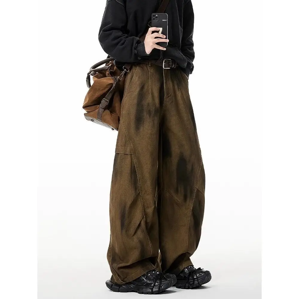 

American retro washing jeans scimitar casual men's trendy brand pleated loose wide-leg work pants