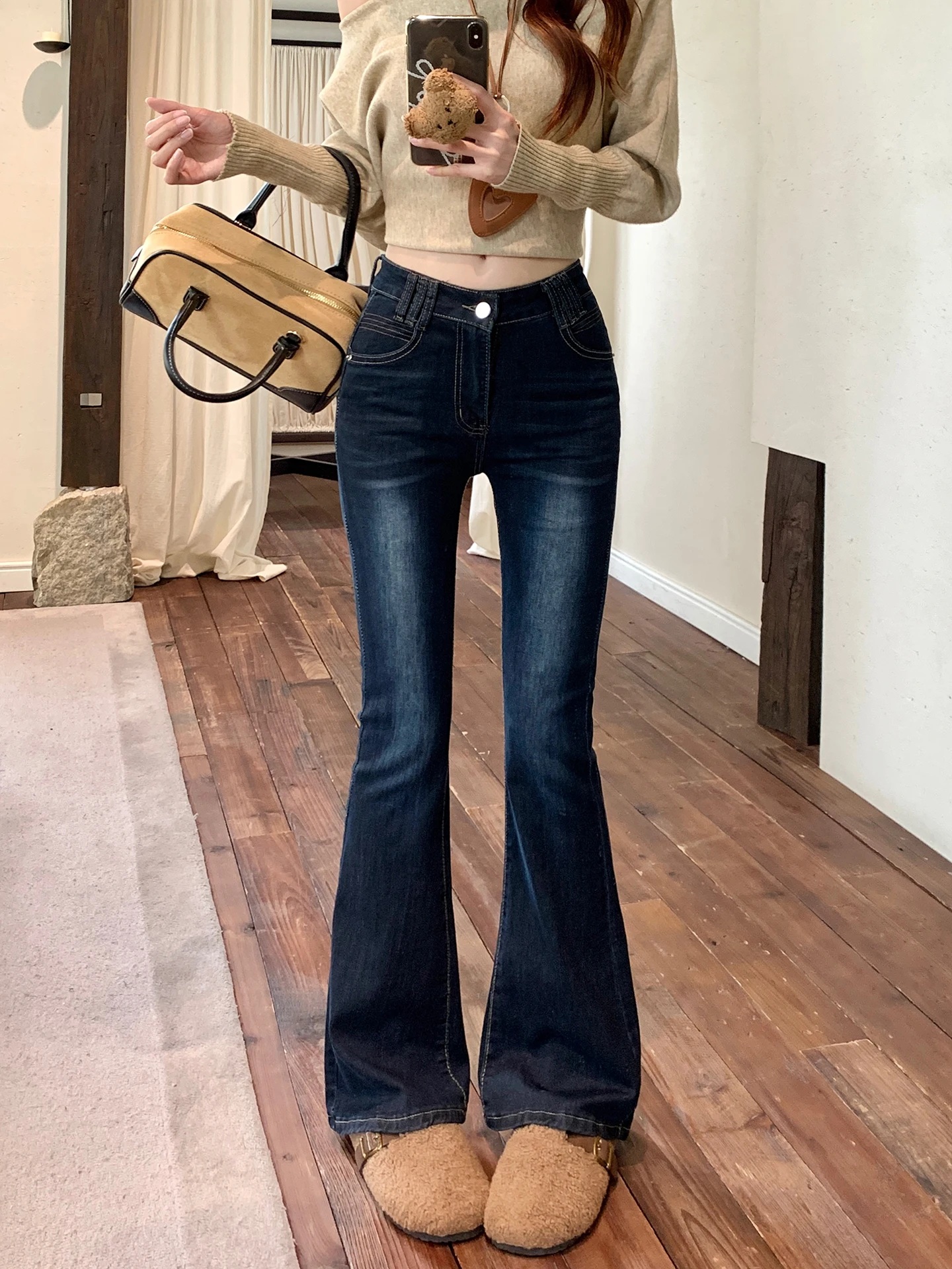 

Deep Blue High Waist Slim Fit Bell Bottom Jeans Women's Spring Small Size Sexy Slimming Versatile Bell Pants