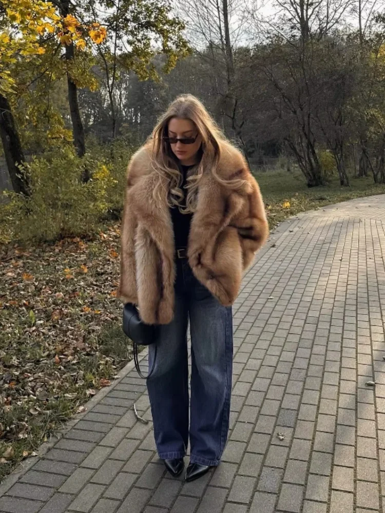 Women's Faux Fox Fur Mid-length Jacket Lady Loose Color-block Lapel Collar Fuzzy Coat Winter Fashion Female Street Outerwear