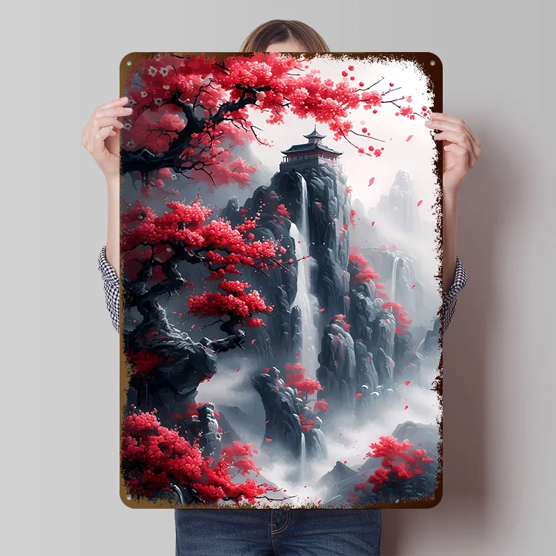 Cherry Blossom Landscape Tinplate Posters Customizable Wall Art Retro Vintage Metal Signs for Home Room Mancave Decoration Cozy