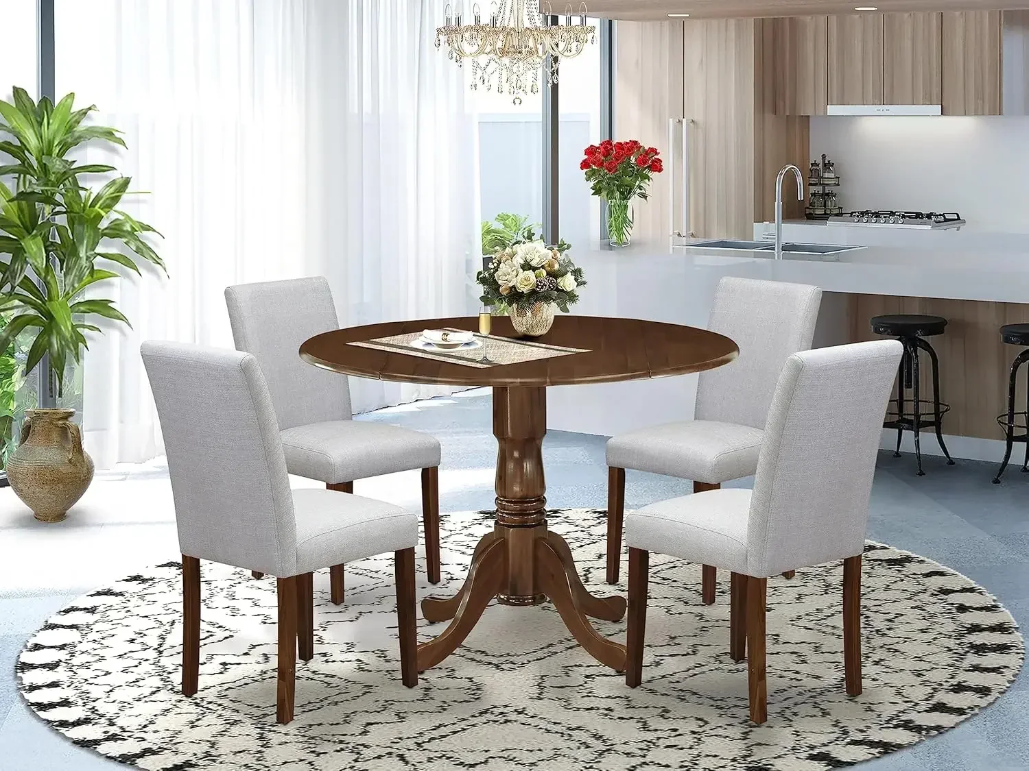 5 Piece Dining Set Contains a Round Dining Room Table with Dropleaf and 4 Upholstered Chairs, 42x42 Inch, Antique Walnut