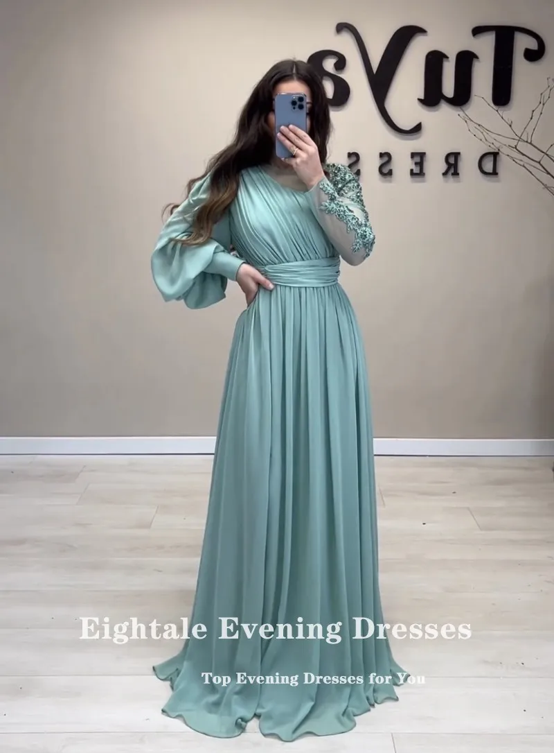 Eightale New Arrival Evening Dresses Chiffon Long Sleeves Appliques Beaded Prom Party Gown Customized vestidos festas e eventos