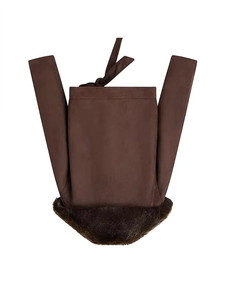 

HH 2026 Women Artificial Fur Effect Lapel Long Sleeves Buttons Asymmetrical Lace Decoration Leisure Loose Suede Short Coat