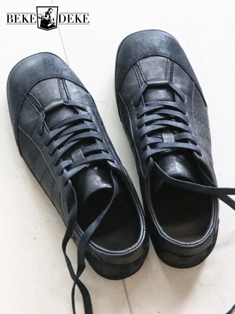 Retro Male Genuine Leather Hard Wearing Distressed Casual Shoes Solid Color Cowhide Square Toe Cross Tied Platform Footwear