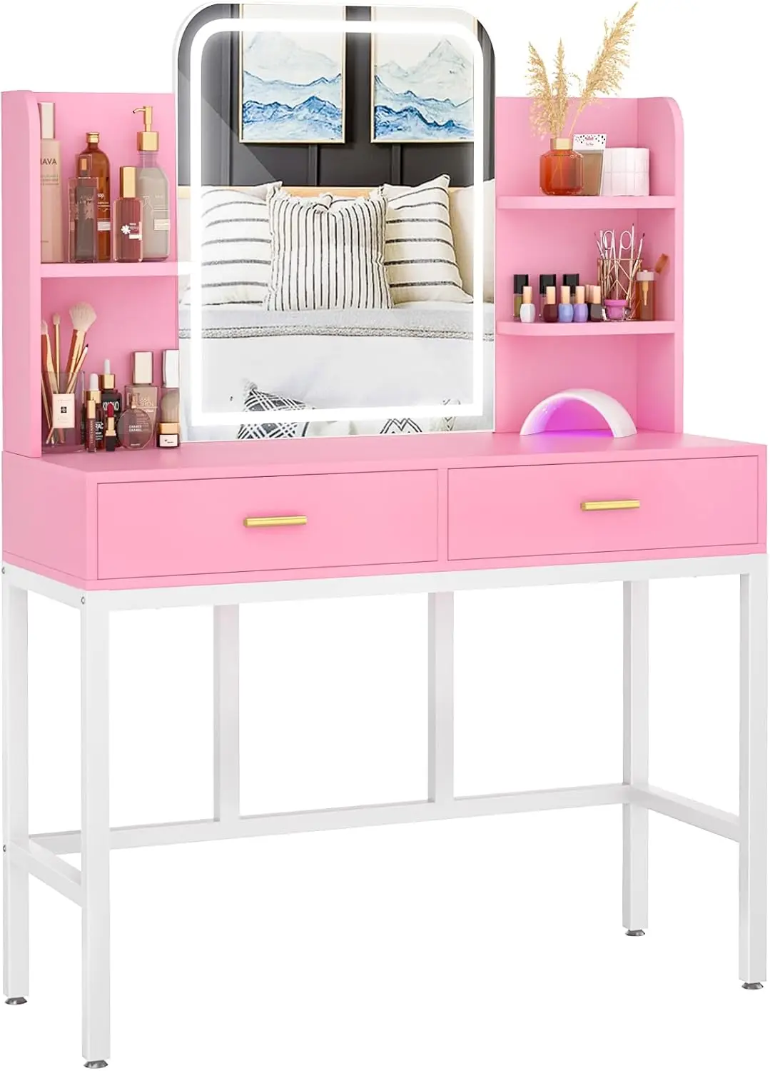 armocity Vanity Desk with Mirror and Lights, Makeup Vanity with 2 Storage Drawers, Vanity Table Set with 3 Color Lighting Option