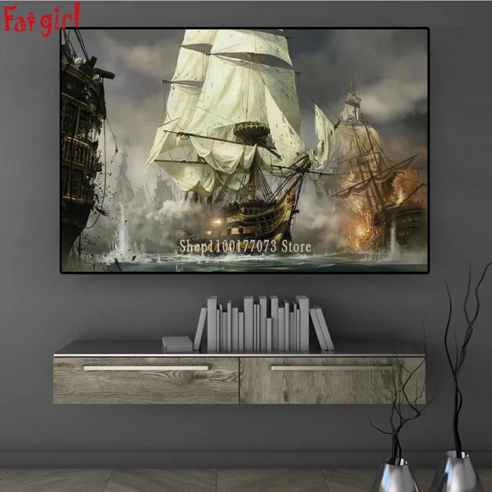 High Quality Sailboat Picture Diy Diamond Painting Cross Stitch Pirate Ship Needlework Sea Landscape Mosaic Diamond Embroidery