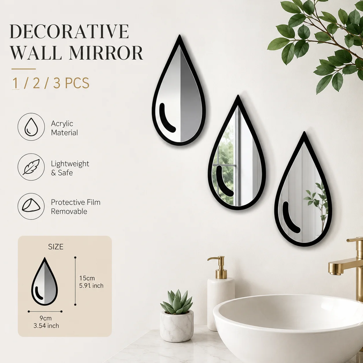 Teardrop Acrylic Wall Mirror, Black Frame Decorative Mirror Stickers for Bathroom Bedroom Living Room Decor