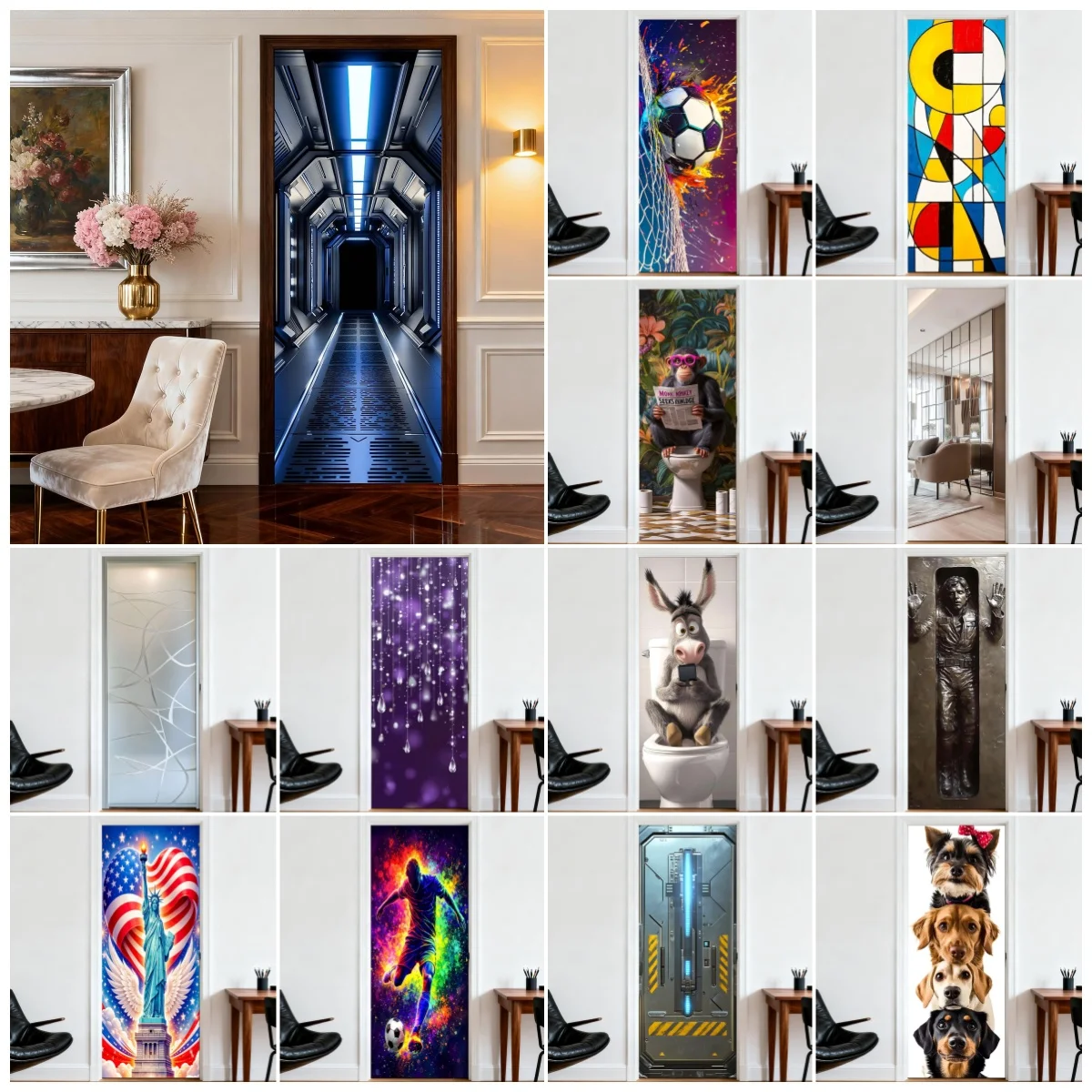3D Sci-Fi Space Corridor Door Sticker Self Adhesive Vinyl Mural Removable Futuristic Tunnel Bedroom