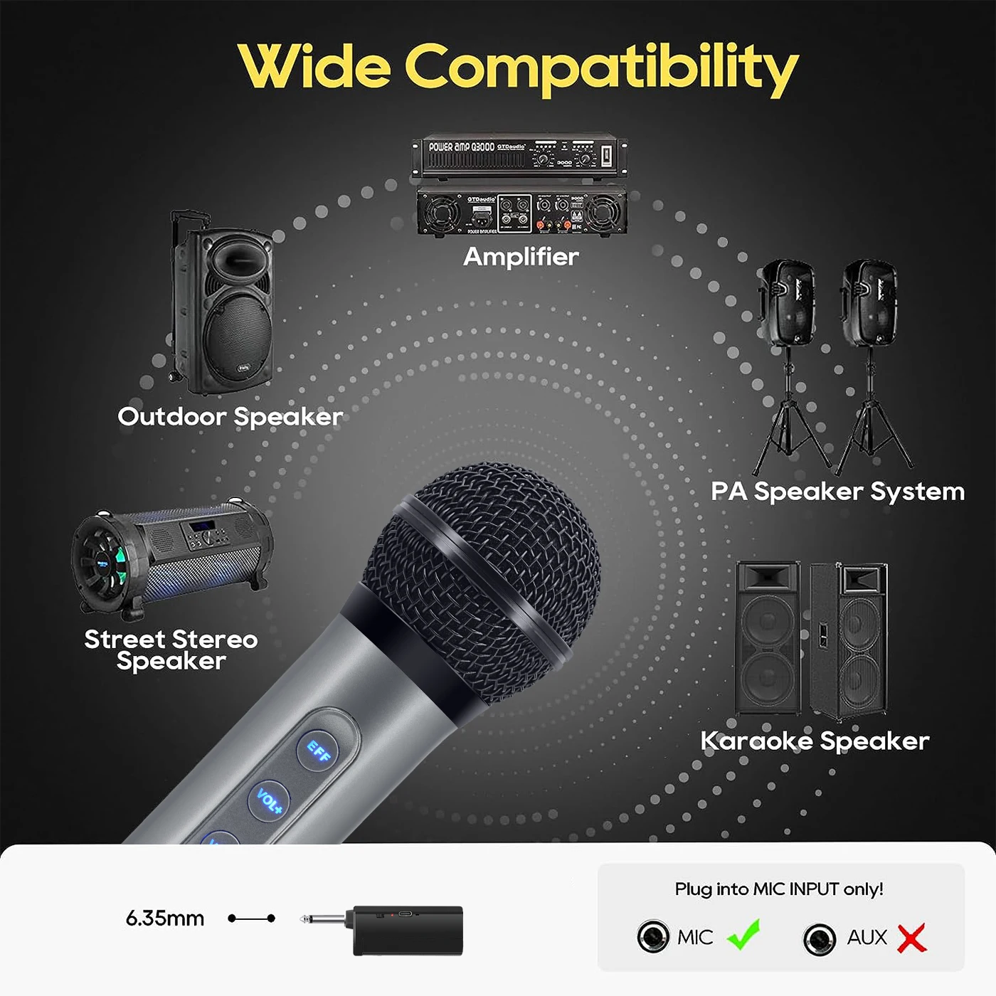 Handheld Dynamic Sound Effect Wireless Microphone with Rechargeable battery, Volume, Echo Control 100ft Range for Party Karaoke