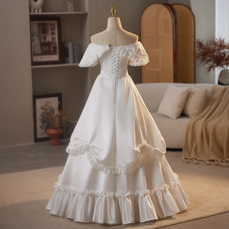 AnXin SH vintage princesa satén blanco cuello barco rosa flor encaje volantes manga vestido de baile con cordones vestido de noche personalizado