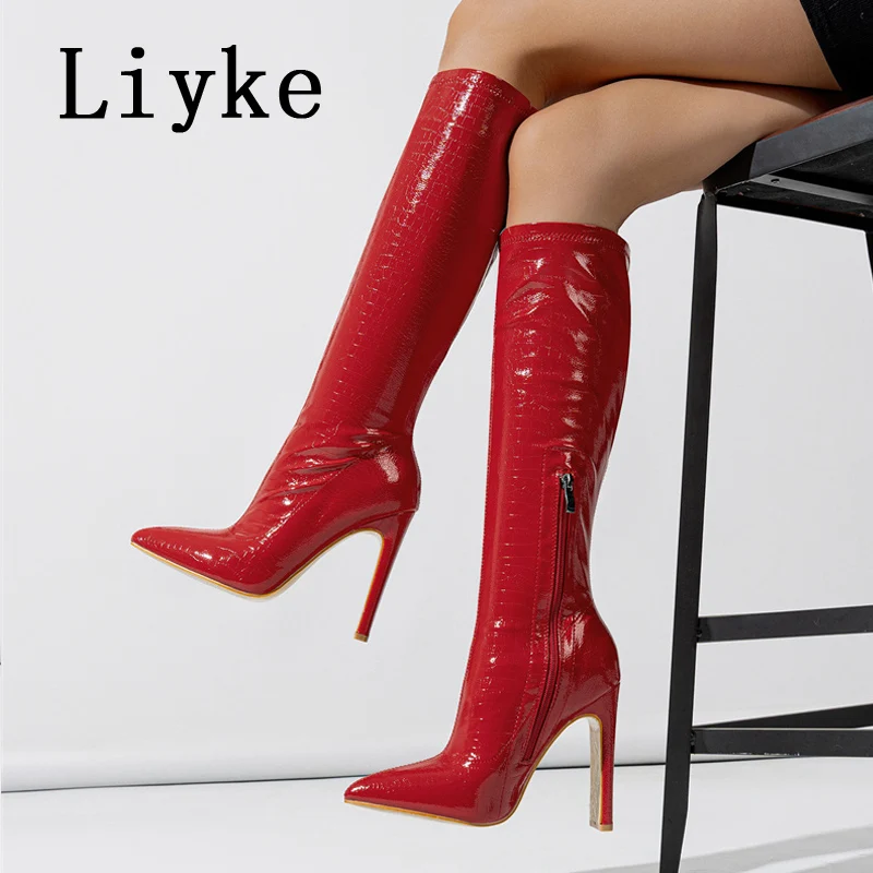 Liyke Autumn Winter Knee High Boots Women Black Snake Print Leather Pointed Toe Party Stripper High Heels Zip Long Shoes Female