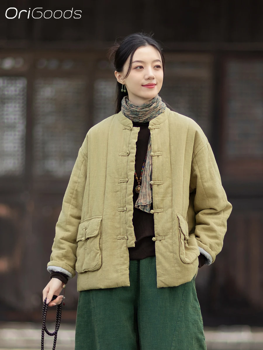OriGoods معطف الشتاء الدافئ السميك امرأة فضفاضة تناسب القطن مبطن الشتاء سترة النمط الصيني الكتان الطقس البارد ملابس خارجية معطف C154