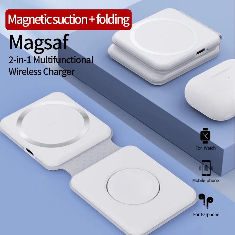 2 in 1 Foldable Magnetic Wireless Charger Pad Compatible with MagSafe Fast Charging Portable Charger for iPhone iWatch AirPods