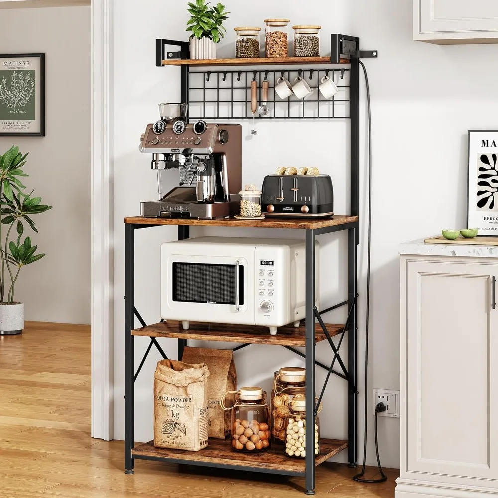 

Bakers Rack with Power Outlet, Kitchen Shelves Microwave Stand with Wire Grid and 10 Hooks,